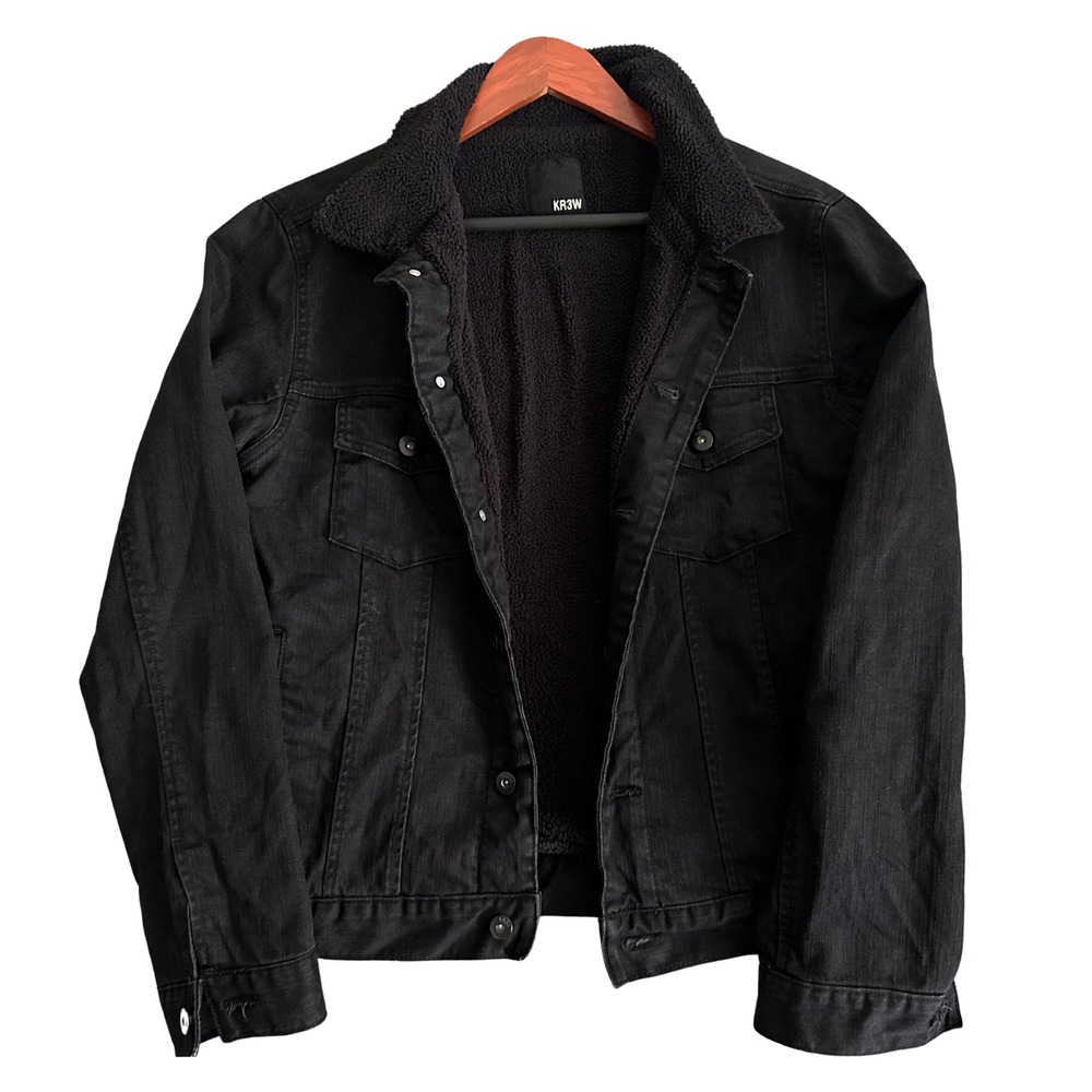 KR3W Dylan Black Sherpa Lined Denim Jacket Mens Large Workwear Skate